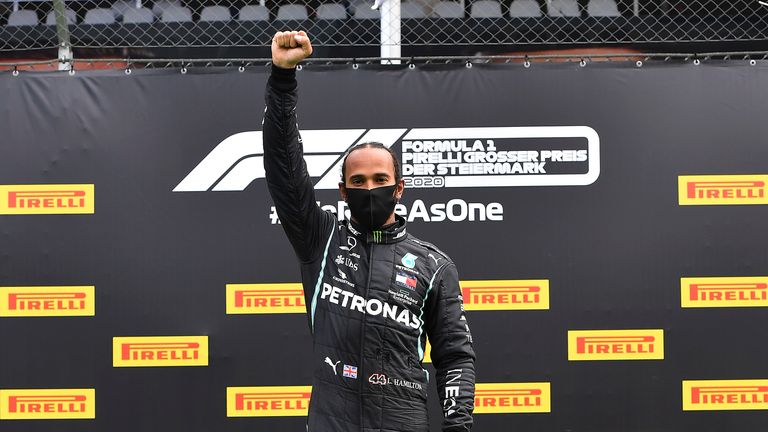 Mercedes driver Lewis Hamilton of Britain celebrates on the podium after winning the Styrian Formula One Grand Prix at the Red Bull Ring racetrack in Spielberg, Austria, Sunday, July 12, 2020