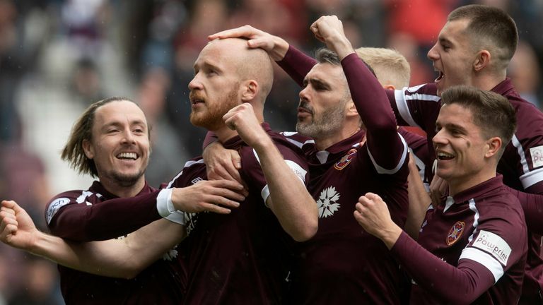 EDINBURGH, SCOTLAND - OCTOBER 02: Hearts' Liam Boyce celebrates with teammates after making it 1-0  during the cinch Premiership match between Heart of Midlothian and Motherwell at Tynecastle on October 02, 2021, in Edinburgh, Scotland. (Photo by Craig Foy / SNS Group)