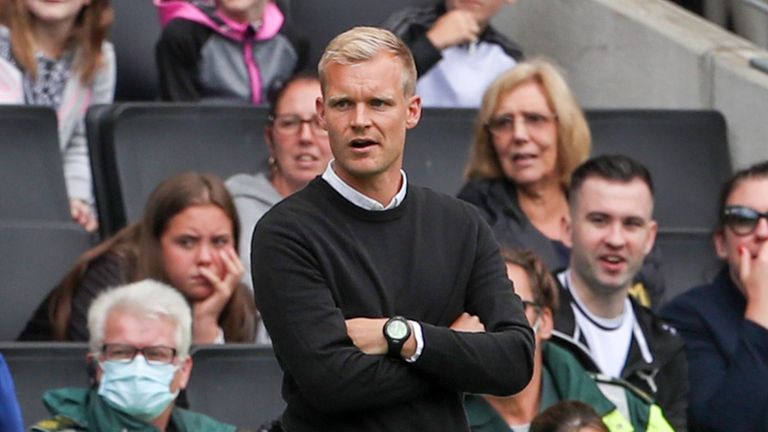 Milton Keynes Dons manager Liam Manning during the first half of the Sky Bet League One match between MK Dons and Accrington Stanley at Stadium MK, Milton Keynes on Saturday 28th August 2021.  (Photo by John Cripps/MI News/NurPhoto)