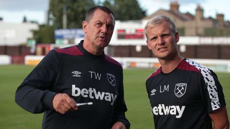 West Ham United's Academy Manager & Head of Coaching and Player Development Terry Westley (L) and ..Liam Manning (R)..during Premier League 2 match between West Ham U23 v Newcastle Utd U23, in London, on August 22, 2016. (Photo by Kieran Galvin/NurPhoto)
