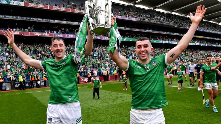 22 August 2021; Limerick players Diarmuid Byrnes, left, and Aaron Gillane celebrate with the Liam MacCarthy Cup after the GAA Hurling All-Ireland Senior Championship Final match between Cork and Limerick in Croke Park, Dublin. Photo by Piaras .. M..dheach/Sportsfile