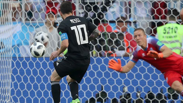 Iceland goalkeeper Hannes Thor Halldorsson saves a penalty from Lionel Messi of Argentina at the 2018 World Cup