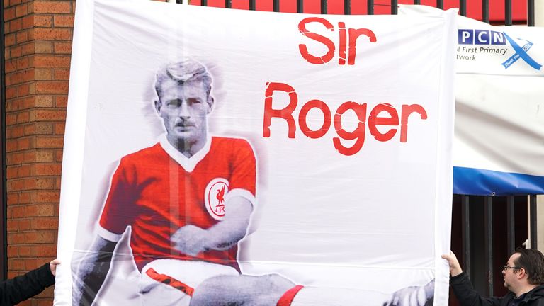 Liverpool fans paid their respects to Roger Hunt outside Anfield ahead of his funeral