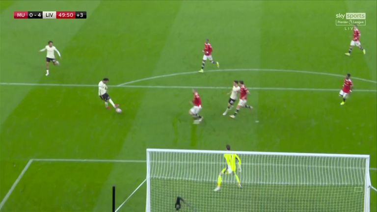 Salah once again exploits the space in the Manchester United box to dispatch Liverpool's fourth goal