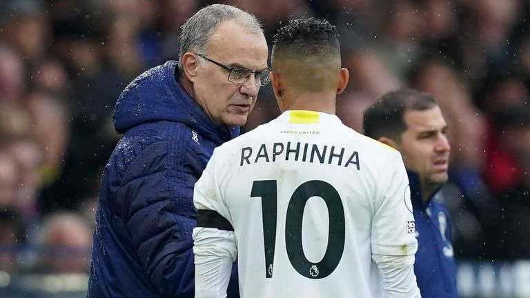 Leeds United manager Marcelo Bielsa speaks with Raphinha on the touchline during the Premier League match at Elland Road, Leeds. Picture date: Saturday October 2, 2021.