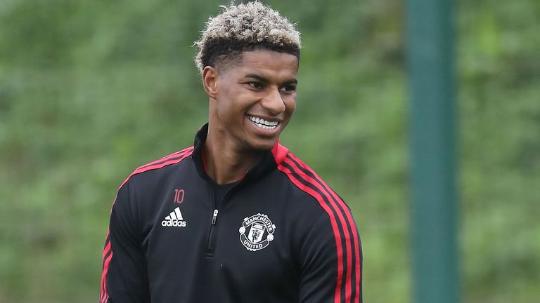 Marcus Rashford of Manchester United in action during a first team training session at Carrington Training Ground on October 13, 2021 in Manchester, England. (Photo by Tom Purslow/Tom Purslow)