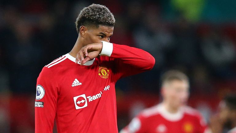 Marcus Rashford appears dejected during Manchester United's 5-0 defeat to Liverpool at Old Trafford