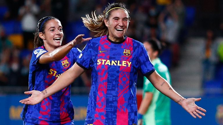 Barcelona's Mariona Caldentey celebrates scoring against Arsenal in Women's Champions League