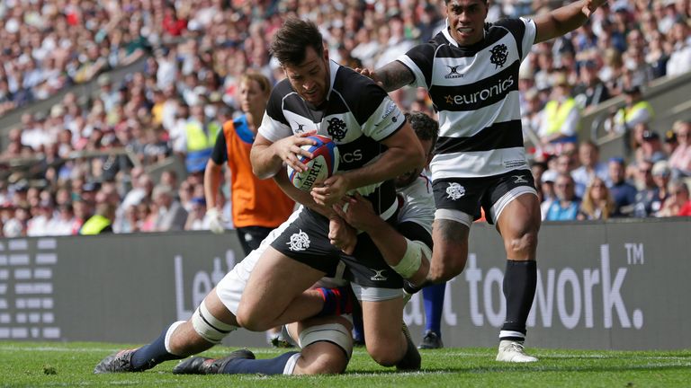 LONDON, ENGLAND - JUNE 02: Mark Atkinson of Barbarians scores a try during the England v Barbarians Quilter Cup match at Twickenham Stadium on June 2, 2019 in London, England. (Photo by Henry Browne/Getty Images for Barbarians)