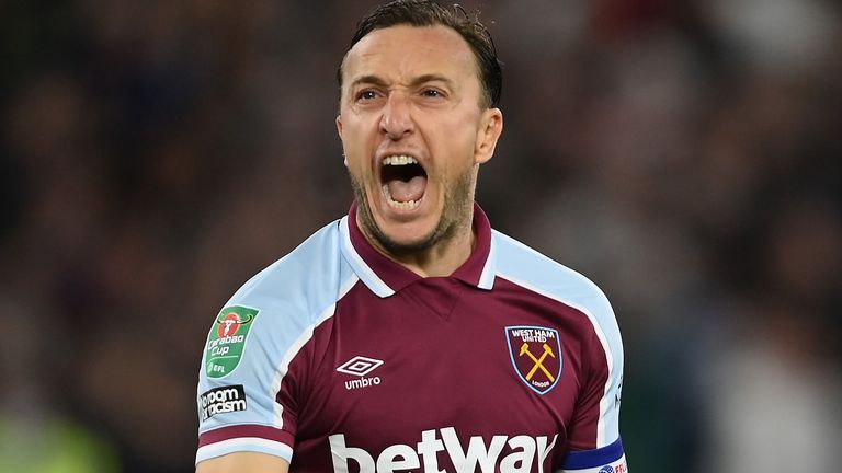 Mark Noble celebrates as West Ham knocked Manchester City out of the Carabao Cup on penalties