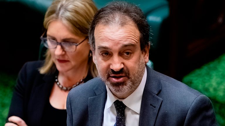 MELBOURNE, AUSTRALIA - JUNE 16: Minister for Jobs, Innovation and Trade, Martin Pakula answers questions during Question Time on 16 June, 2020 in Melbourne, Australia.