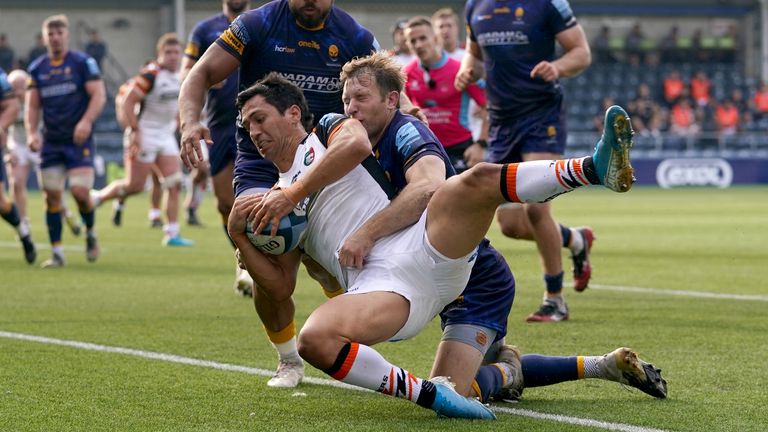 Worcester Warriors v Leicester Tigers - Gallagher Premiership - Sixways Stadium
Leicester Tigers' Matias Moroni (centre right) scores a try during the Gallagher Premiership match at Sixways Stadium, Worcester. Picture date: Saturday October 16, 2021.