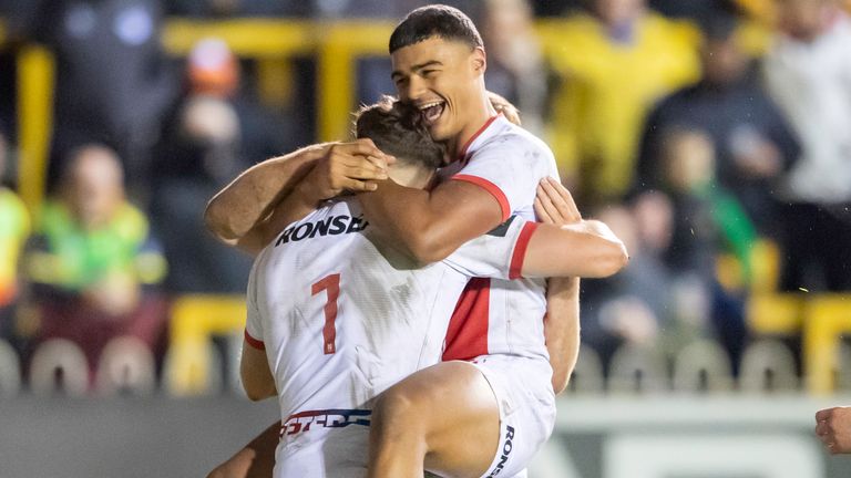 Picture by Allan McKenzie/SWpix.com - 15/10/2021 - Rugby League - Men's Autumn International - Jamaica v England Knights - the Mend A Hose Stadium, Castleford, England - England's Matty Ashton is congratulated by Will Pryce (r) on scoring a try against Jamaica.