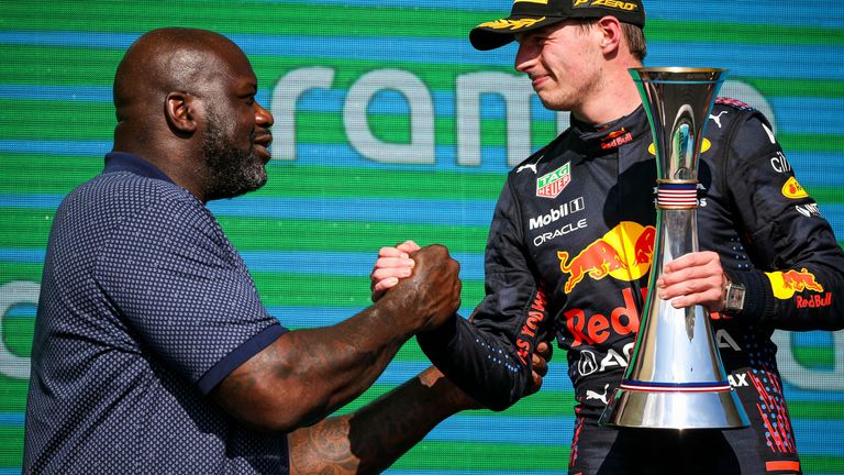 Max Verstappen with NBA icon Shaquille O'Neal after clinching his first US GP win