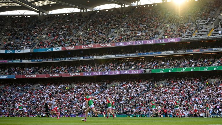 11 September 2021; A general view of Croke Park as Lee Keegan of Mayo brings the ball forward for his side during the GAA Football All-Ireland Senior Championship Final match between Mayo and Tyrone at Croke Park in Dublin. Photo by Stephen McCarthy/Sportsfile