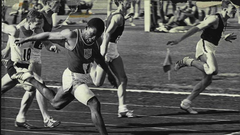 American sprinter Mel Pender wins the Australian 100 metres championship yesterday from Greg Lewis (Victoria) with Bob Lay (N.S.W.), on the far left, in third place. March 23, 1968. (Photo by John Patrick O'Gready/Fairfax Media via Getty Images).