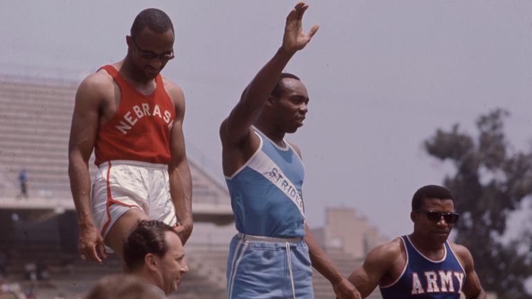 Mexico City, Mexico - 1968: (L-R) Charles Greene, James Hines, Mel Pender at the 1968 Summer Olympics / Games of the XIX Olympiad, Estadio Ol..mpico Universitario. (Photo by ABC via Getty Images)