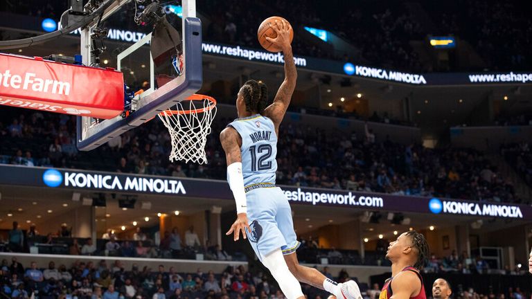 Memphis Grizzlies guard Ja Morant (12) goes up for a dunk agains the Cleveland Cavaliers during the second half of an NBA basketball game Wednesday, Oct. 20, 2021, in Memphis, Tenn. (AP Photo/Nikki Boertman)