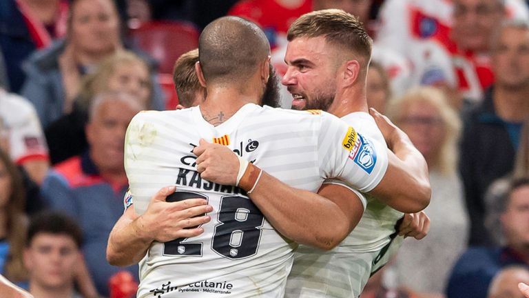 Picture by Allan McKenzie/SWpix.com - 09/10/2021 - Rugby League - Betfred Super League Grand Final - Catalans Dragons v St Helens - Old Trafford, Manchester, England - Catalans' Mike McMeeken celebrates after scoring a try against St Helens.