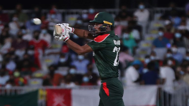 Bangladesh opener Mohammad Naim hits the ball against Oman at the T20 World Cup