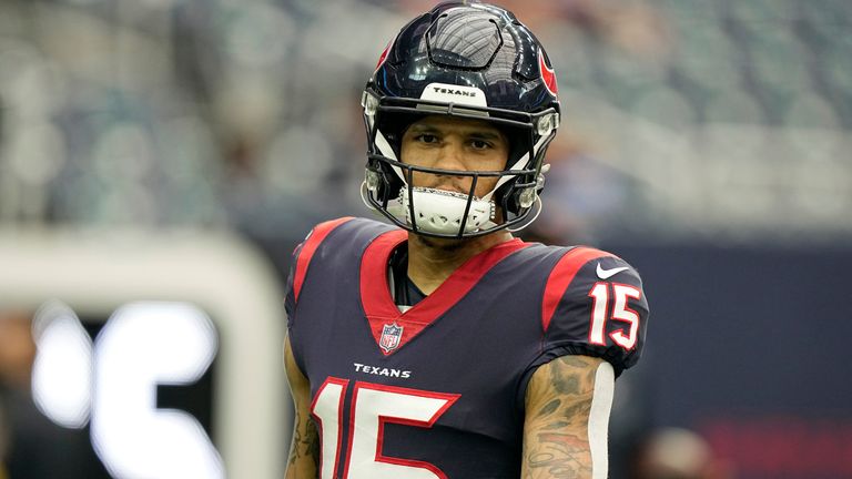Houston Texans wide receiver Chris Moore warms up before an NFL football game against the New England Patriots Sunday, Oct. 10, 2021, in Houston. 