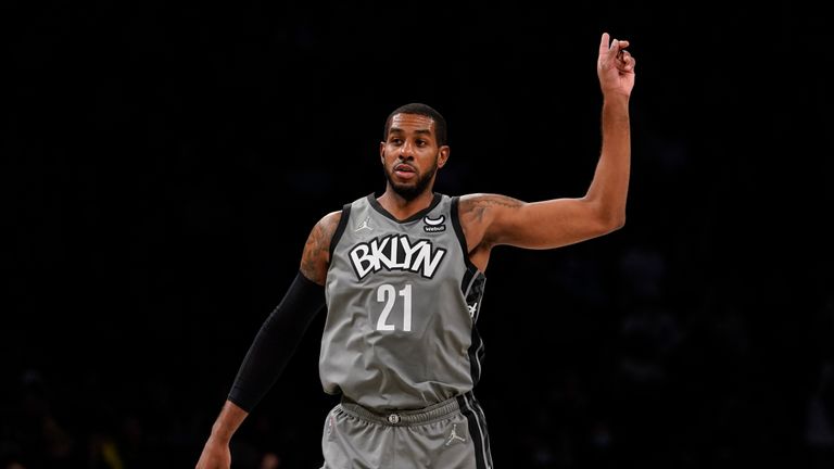 Brooklyn Nets forward LaMarcus Aldridge reacts after scoring a three-point basket during the second half of an NBA basketball game against the Indiana Pacers, Friday, Oct. 29, 2021, in New York. (AP Photo/Mary Altaffer)


