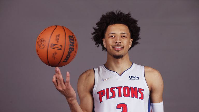 Detroit Pistons guard Cade Cunningham poses during the team&#39;s media day, Monday, Sept. 27, 2021, in Detroit. (AP Photo/Carlos Osorio)



