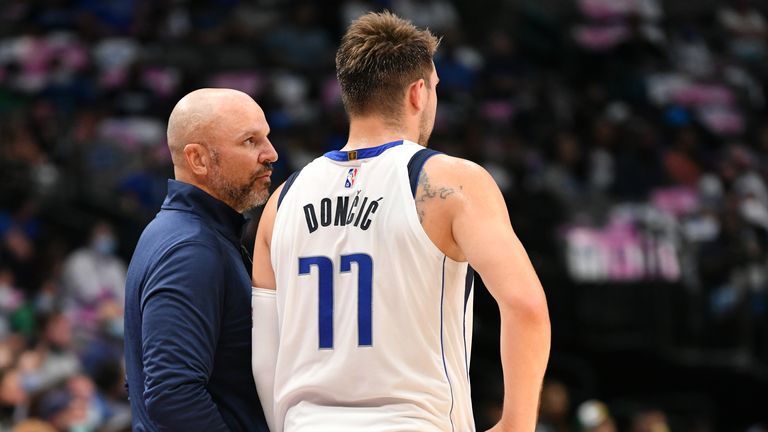 The point guard whisperer? Jason Kidd talks to Luka Doncic during a pre-season game