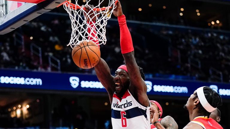 Washington Wizards center Montrezl Harrell dunks during the first half of the team's NBA basketball game against the Atlanta Hawks, Thursday, Oct. 28, 2021, in Washington. 