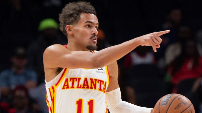 Atlanta Hawks guard Trae Young (11) is shown during the first half of an NBA basketball game against the Detroit Pistons on Monday, Oct. 25, 2021, in Atlanta. 