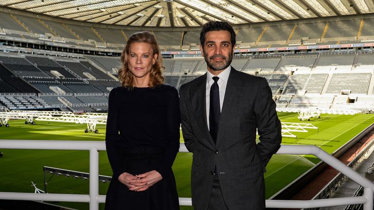 New Castle United managers Amanda Staveley (left) and Mehrdad Qudoussi (right) standing inside St James'  park