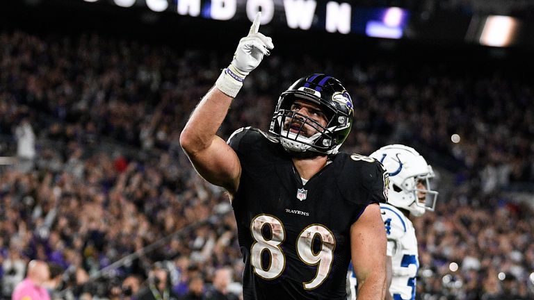 Baltimore Ravens tight end Mark Andrews (89) celebrates his touchdown during the second half of an NFL football game against the Indianapolis Colts, Monday, Oct. 11, 2021, in Baltimore. 