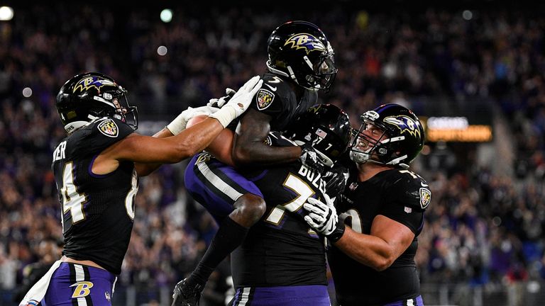 Baltimore Ravens wide receiver Marquise Brown (5) celebrates the winning pass against the Indianapolis Colts after an NFL football game Monday, Oct. 11, 2021, in Baltimore.