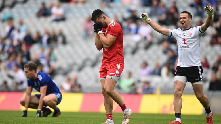 31 July 2021; Tyrone captain P..draig Hampsey, centre, and Tyrone goalkeeper Niall Morgan celebrate after the Ulster GAA Football Senior Championship Final match between Monaghan and Tyrone at Croke Park in Dublin. Photo by Harry Murphy/Sportsfile