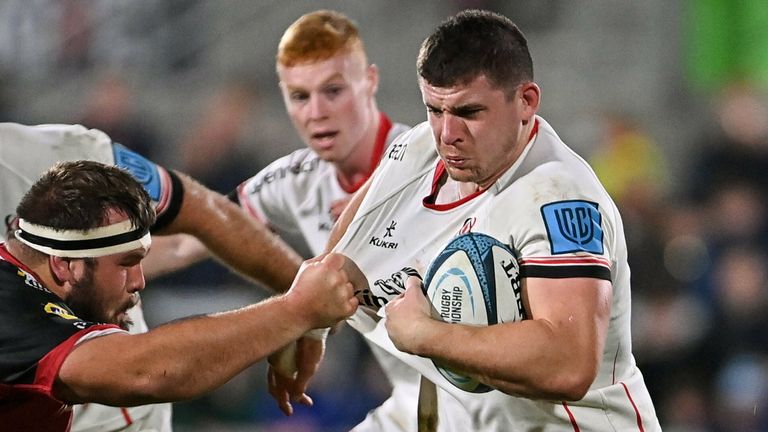 15 October 2021; Nick Timoney of Ulster in action against Carlu Sadie of Emirates Lions during the United Rugby Championship match between Ulster and Emirates Lions at Kingspan Stadium in Belfast. Photo by Ramsey Cardy/Sportsfile