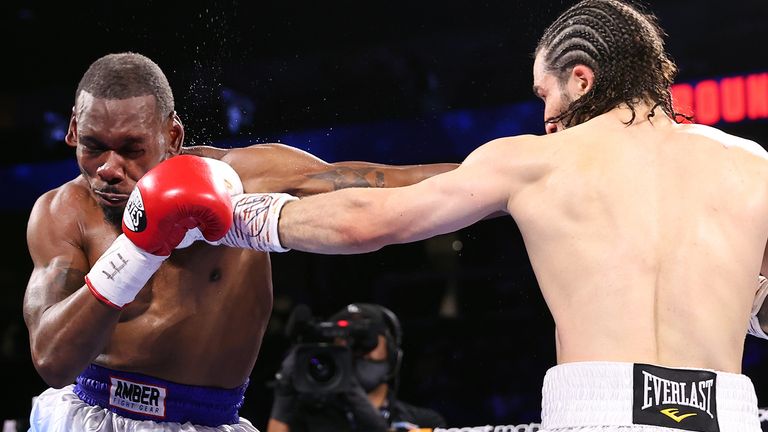 ATLANTA, GEORGIA - OCTOBER 23: A general view of fight night between Jamel Herring and Shakur Stevenson for the WBO junior lightweight championship at State Farm Arena on October 23, 2021 in Atlanta, Georgia.(Photo by Mikey Williams/Top Rank Inc via Getty Images).