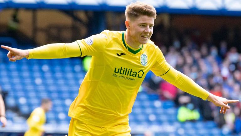 Kevin Nisbet puts Hibs ahead at Ibrox (Photo courtesy of Alan Rennie and Cameron Allan)