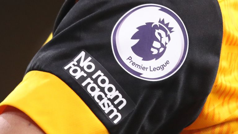 A detailed view of a No Room For Racism logo on the sleeve of Wolverhampton Wanderers&#39; Max Kilman during the Premier League match at Molineux, Wolverhampton.
