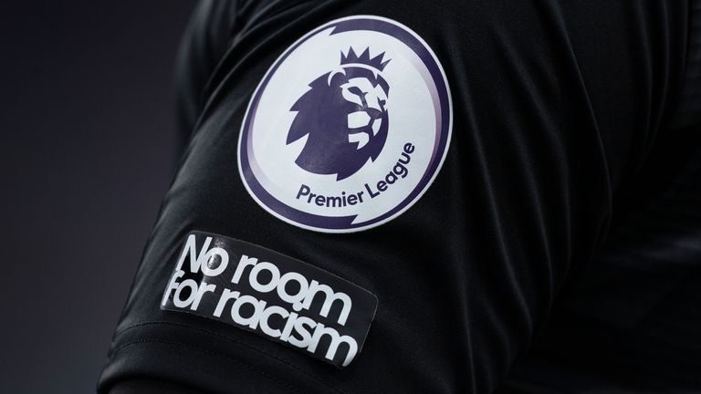 The Anti-racist message ...No Room For Racism... displayed alongside the Premier League logo on the sleeve of West Bromwich Albion goalkeeper Sam Johnstone