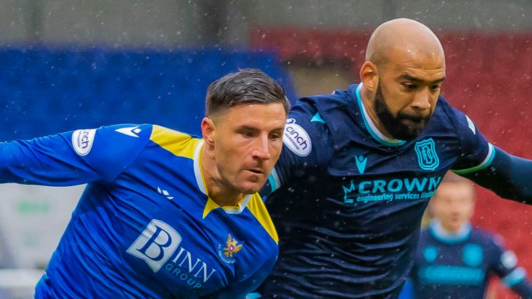 PERTH, SCOTLAND - OCTOBER 02: St Johnstone's Michael O'Halloran and Dundee's Liam Fontaine in action during the cinch Premiership match between St Johnstone and Dundee at McDiarmid Park on October 02, 2021, in Perth, Scotland. (Photo by Roddy Scott / SNS Group)