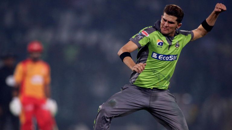 Shaheen Shah Afridi celebrates taking a wicket