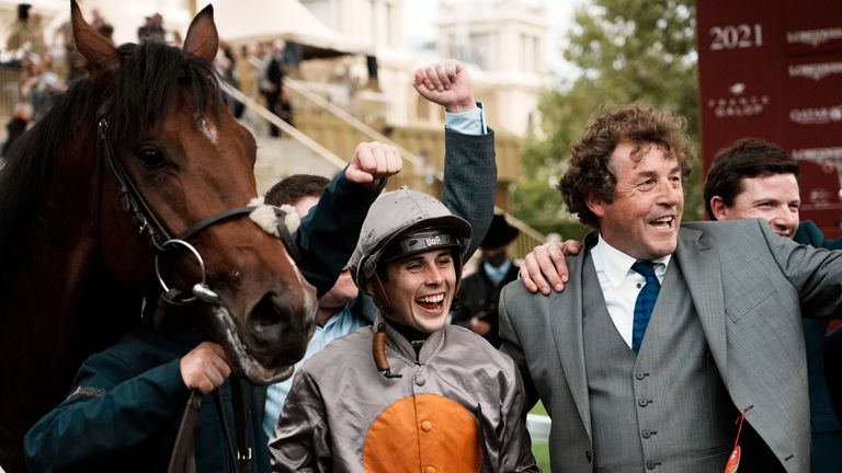 A Case Of You with jockey Ronan Whelan and trainer Adrian McGuinness after winning the Prix de l'Abbaye