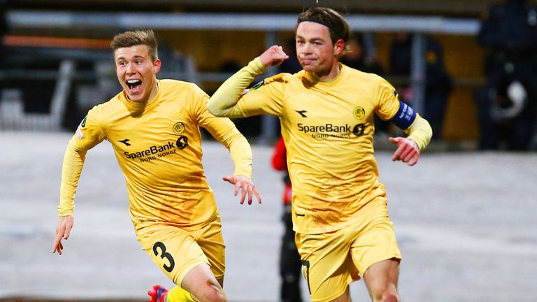 Alfons Sampsted celebrates (L) after Patrick Berg (R) scores for  goal Bodo/ Glimt vs Roma