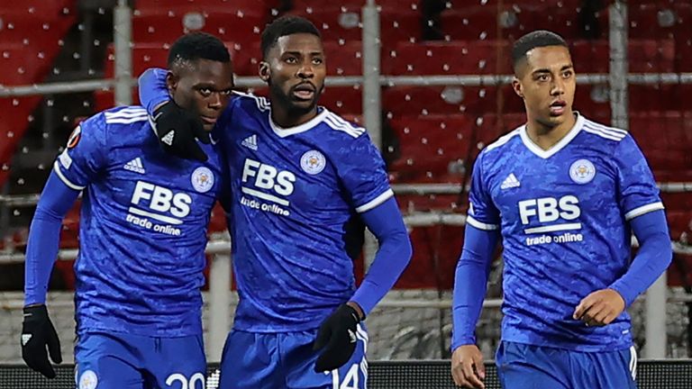 Patson Daka celebrates with team-mates after scoring for Leicester vs Spartak Moscow