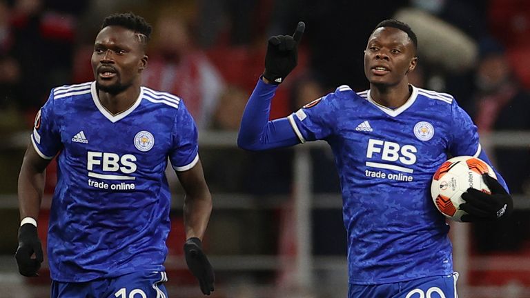 Patson Daka celebrates after scoring for Leicester vs Spartak Moscow