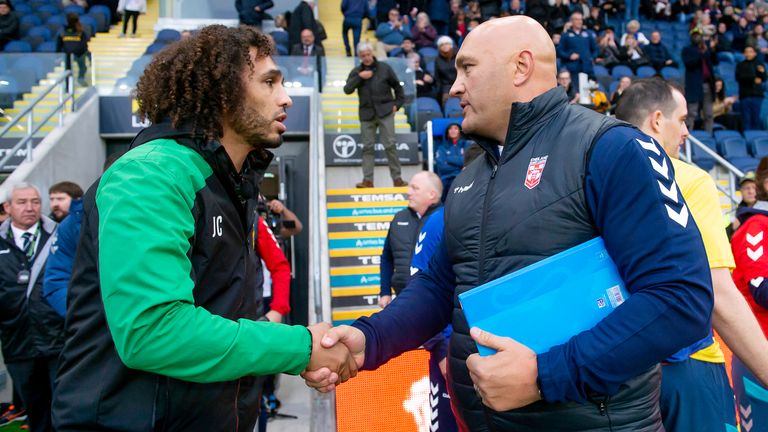 Picture by Allan McKenzie/SWpix.com - 20/10/2019 - Rugby League - Home International - England Knights v Jamaica - Emerald Headingley Stadium, Leeds, England - Jamaica's  coach Jermaine Coleman shakes hands with England's Coach Paul Anderson.