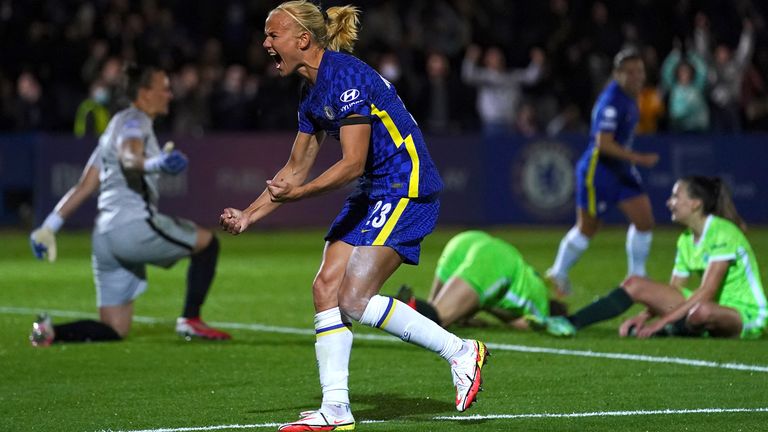 Chelsea's Pernille Harder celebrates scoring their side's third goal of the game during the UEFA Women's Champions League group A match at Kingsmeadow, Kingston. Picture date: Wednesday October 6, 2021.