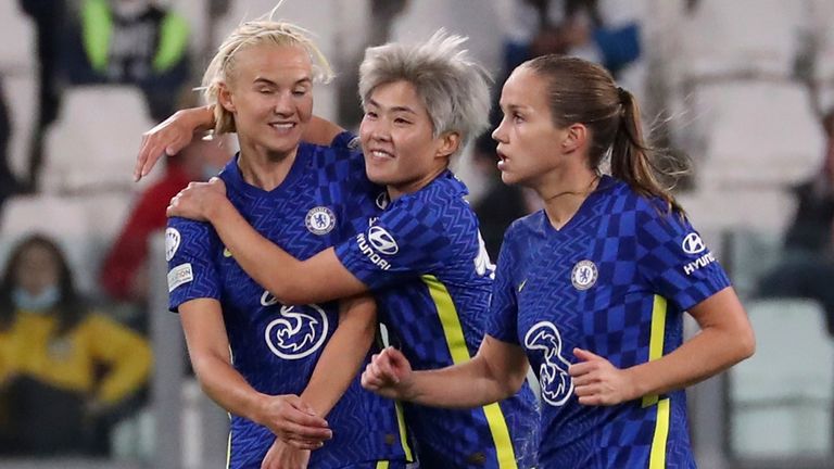 Pernille Harder celebrates scoring for Chelsea Women against Juventus