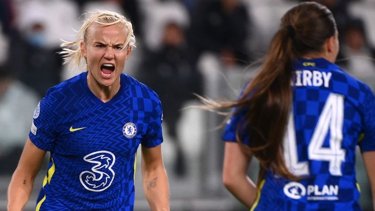Pernille Harder celebrates scoring for Chelsea Women vs Juventus
