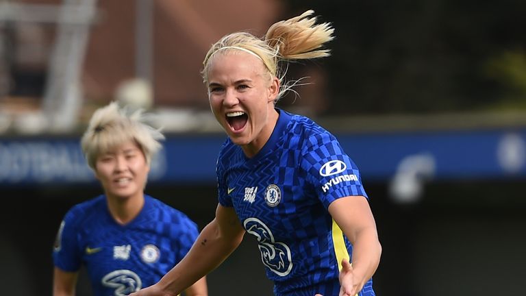 Pernille Harder celebrates after scoring for Chelsea against Leicester